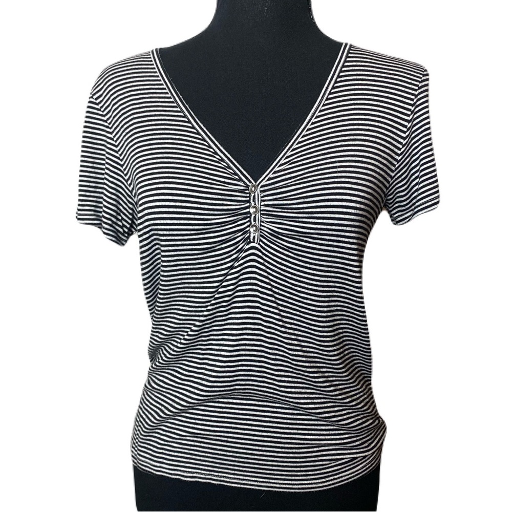 American Eagle Soft & Sexy Black & White Striped V-Neck Top Women's Medium